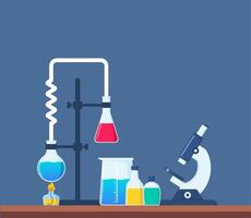 químico laboratório com diferente vidro frascos, frascos, Tubos de ensaio com substância e reagentes. laboratório pesquisar, testando, estudos dentro química, física, biologia. bandeira, poster. vetor ilustração.