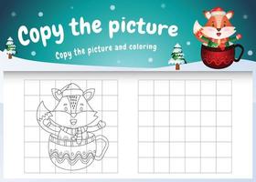 copie o jogo de crianças e a página para colorir com uma linda raposa no copo vetor