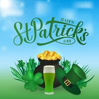 feliz st. patricks dia caligrafia mão letras, duende chapéu, Panela do dourado moedas, trevo, e verde cerveja. santo patricks dia cumprimento cartão, festa convite, poster, etc. vetor ilustração.