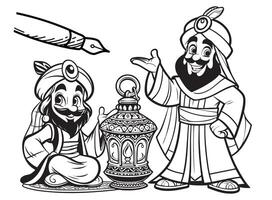 Ramadã lanterna com árabe desenho animado personagens coloração livro página vetor arte