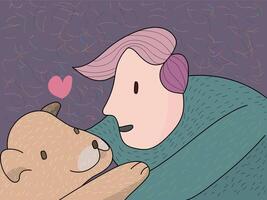 ilustração desenho animado homem abraço cachorro com amor e pequeno coração vetor