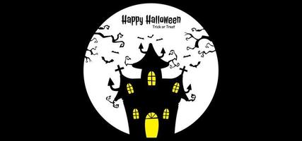 visão noturna de fundo de halloween com preto. ilustração vetorial tema de halloween com bruxa da casa, morcegos, lua, árvore vetor