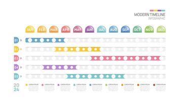 Gantt gráfico Linha do tempo infográfico modelo. moderno Marco histórico elemento Linha do tempo diagrama calendário e 4 trimestre tópicos, vetor infográficos.