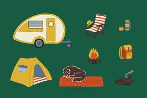 kit para campistas rv e vida na floresta. ilustrações de cenário de acampamento de uma fogueira, um cachorro, lenha, uma garrafa térmica, uma mochila de turista. um trailer móvel, uma tenda, uma cadeira e um chapéu-panamá. vetor