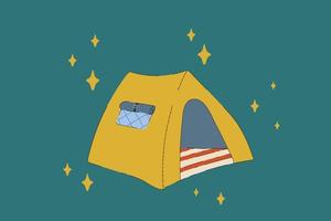 RV campista para acampar. casa de tenda para recreação na floresta. acampar recreação ao ar livre no círculo de estrelas do doodle. cartaz para acampar e acampar em tendas. ilustração vetorial vetor