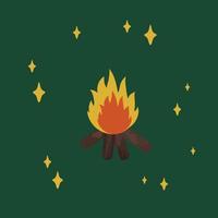 cartaz fogueira para acampar. ilustração dos desenhos animados de um incêndio para relaxar na floresta. acampar recreação ao ar livre no círculo de estrelas do doodle. ilustração vetorial vetor