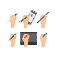mãos segurando caneta escrevendo itens canetas marcadores ferramentas escritores desenho animado conjunto caneta desenho tablet lápis desenhar ilustração
