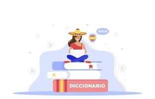 ilustração em vetor de tutor espanhol. Educação online. Cursos online. estudar online. língua espanhola. dicionário. escola de espanhol. garota está estudando online.