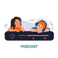 menino e menina com cara feliz ouvem podcast ou música. gravação de trilha sonora. crianças com fones de ouvido aprendem ouvindo áudio. sistema moderno de educação para crianças na internet vetor