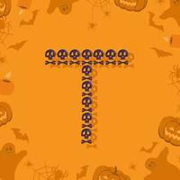 halloween letra t de caveiras e ossos cruzados para o projeto. fonte festiva para feriado e festa em fundo laranja com abóboras, aranhas, morcegos e fantasmas vetor