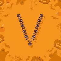 halloween letra v de caveiras e ossos cruzados para o projeto. fonte festiva para feriado e festa em fundo laranja com abóboras, aranhas, morcegos e fantasmas vetor