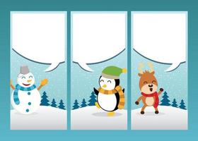 O inverno está chegando, cartão com ilustração vetorial de rena, pinguim e boneco de neve vetor