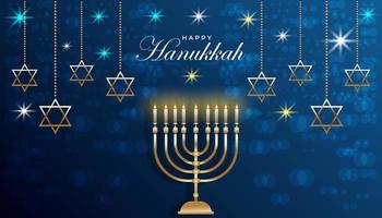 feliz hanukkah com cor azul e dourada e estrelas brilhando vetor