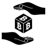 duas mãos com moeda bitcoin. salvar o conceito de dinheiro. símbolo de bitcoin de moeda de criptografia. logotipo da criptomoeda. modelo de marketing de moda digital. mão com dinheiro digital. vetor