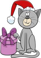 desenho animado gato com presente na época do natal vetor