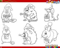conjunto de animais em quadrinhos com presentes de natal para colorir a página do livro vetor
