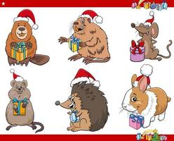 conjunto de animais engraçados no desenho animado da época do natal vetor