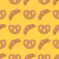 croissants e pretzels em fundo amarelo, padrão sem emenda de vetor