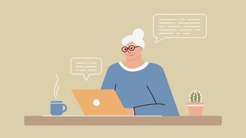 mulher sênior estuda e estuda tecnologias modernas usando um laptop. uma avó sorridente e positiva senta-se em frente ao computador, comunica-se online na Internet e aprende coisas novas. um adulto está trabalhando. vetor