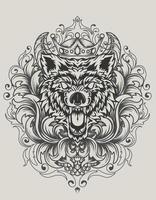 ilustração vetorial cabeça de lobo zangado com ornamento antigo vetor