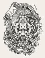 ilustração de máscara oni com estilo monocromático de cobra vetor