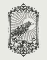 Ilustração pássaro corvo com caveira estilo monocromático vetor