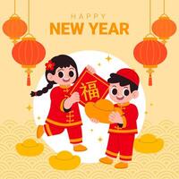 feliz chinês Novo ano cumprimento cartão com desenho animado Garoto cumprimento com ouro lingote e menina segurando bandeira. vetor