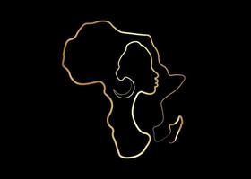 mulher negra africana em estilo de arte de linha ouro, desenho de linha contínua de mulher afro e mapa do continente africano. logotipo de ícone de linha dourada de vetor isolado em fundo preto