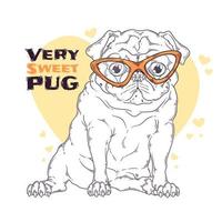 mão ilustrações desenhadas do cão pug fofo em vetor de óculos.