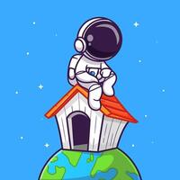 fofa astronauta sentado às casa em terra desenho animado vetor ícone ilustração. Ciência tecnologia ícone conceito isolado Prêmio vetor. plano desenho animado estilo