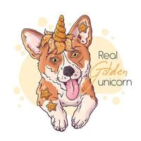 mão ilustrações desenhadas do corgi bonito com um vetor de chifre de unicórnio mágico.