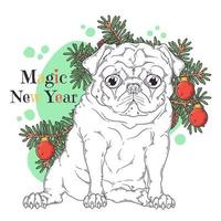 mão desenhado retrato de vetor de cachorro pug de Natal.