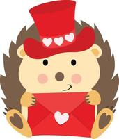 adorável ouriço com vermelho chapéu segurando uma namorados carta envelope vetor