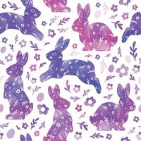 aguarela desenhando do uma coelho, flores, ovos. □ Gentil lindo vetor ilustração. roxa desatado padronizar para tecido, invólucro papel, e papel de parede.