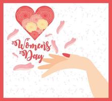 dia da mulher, mão feminina com coração de pétalas de flores em estilo cartoon vetor