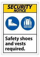 sinal de aviso de segurança, tênis e colete de segurança necessários com símbolos de ppe em fundo branco, ilustração vetorial vetor