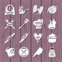conjunto com ícones de culinária, como espátula, garfo, colher, faca, ralador, jarra, vetor