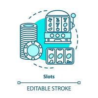 ícone do conceito de slots. um bandido armado, ilustração de linha fina de ideia de caça-níqueis. jogos de azar online. Sete da sorte, frutas gira. roleta. desenho de contorno isolado do vetor. curso editável vetor