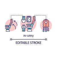 ícone do conceito de segurança aérea. ilustração de linha fina de ideia de ajuda de emergência. equipamentos e dispositivos de voo. colete salva-vidas, máscara de oxigênio, cinto de segurança. desenho de contorno isolado do vetor. curso editável vetor