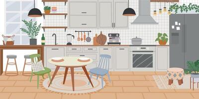 escandinavo cozinha interior, cozinhando armários e jantar mesa. casa cozinhar quarto com mobília e geladeira. acolhedor cozinha vetor fundo