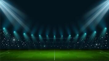 futebol arena. realista europeu futebol estádio com Relva campo, luzes e holofotes. 3d bola esporte jogos Parque infantil vetor noite cena