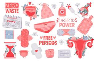 menstruação higiene. fêmea período produtos - tampão, almofadas, menstrual copo e ciclo calendário. zero desperdício para mulher crítico dias vetor conjunto