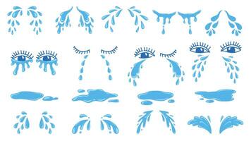 desenho animado poças, lágrimas, gotas ou suor, chorando olhos. água gotas. dor, chorar, desespero ou triste emoção expressão. quadrinho lágrima vetor conjunto