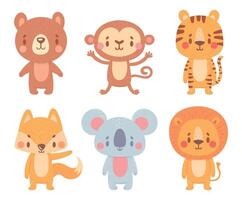 fofa desenho animado animais. selvagem adorável personagens com sorridente rostos. desenho animado fofa urso, macaco, tigre, Raposa, coala e leão vetor