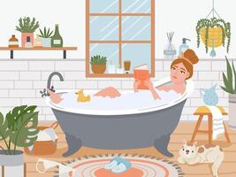 mulher dentro banho. relaxado menina dentro banheira com espuma bolhas ler dentro banheiro interior com plantas. auto Cuidado e higiene, spa vetor conceito