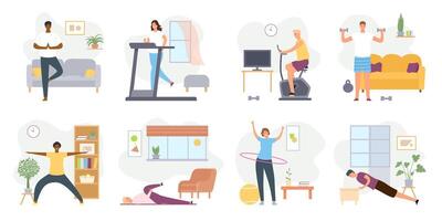 casa exercícios. pessoas meditar, Faz ioga, esporte e ginástica interior. ativo homens e mulheres exercite-se em exercício bicicleta e esteira vetor conjunto