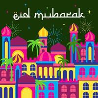 eid Mubarak fundo com árabe noite cidade vetor ilustração