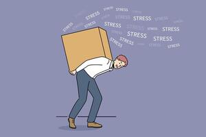homem experiências estresse vencimento para pressão problemas, carregando ampla caixa com carga em costas vetor