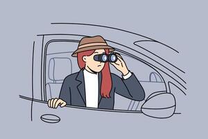 mulher detetive secretamente espiões em namorado, olhando Fora do carro com binóculos dentro mãos vetor