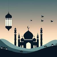 silhueta panorama do mesquita com brilhante céu para Ramadã Projeto gráfico dentro muçulmano cultura e islamismo religião. vetor ilustração do fundo mesquita dentro a noite para islâmico papel de parede Projeto